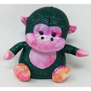 Sparkly Green & Pink Plush Monkey Toy  Sparkle & Tie-Dye Accents 6" Vintage #D46